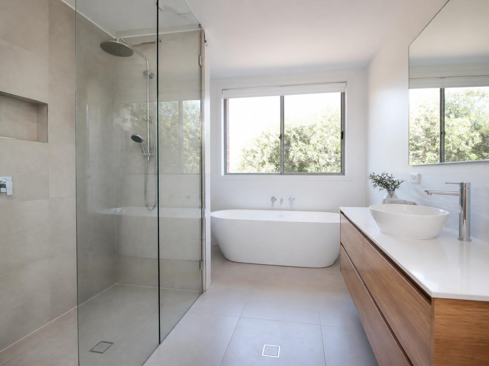 Illustration of a clean bathroom basin and shower area