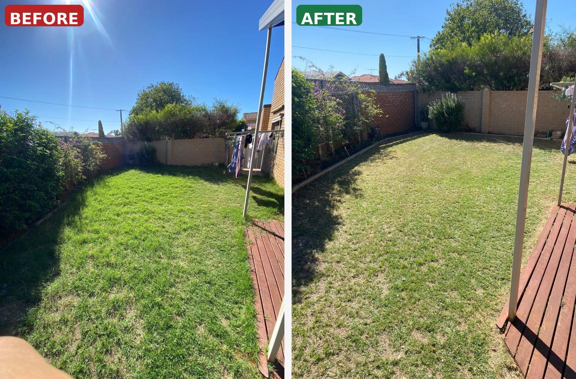 Lawn mowing in Wembley — before and after edging and whipper snipping by Mr Sparkle Prestige.